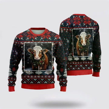 FUNSTUFFPRINT Hereford Cow Ugly Christmas Sweater, Farm Sweater, Christmas Gift, Best Winter Outfit Christmas Ugly Sweater