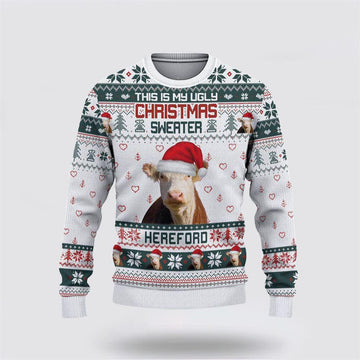 FUNSTUFFPRINT Hereford Green Merry Christmas Ugly Sweater, Gifts For Farmers Ugly Sweater