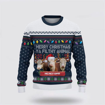 FUNSTUFFPRINT Hereford Merry Christmas Ugly Sweater, Gifts For Farmers, Rural Lovers Ugly Sweater