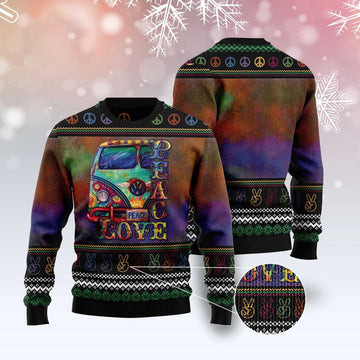 FUNSTUFFPRINT Hippie Peace Love Ugly Christmas Sweater, Christmas Sweater, Ugly Sweater, Funny Xmas Sweaters Ugly Sweater