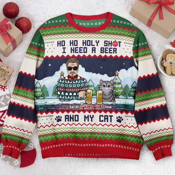FUNSTUFFPRINT Custom Ho Ho Holy I Need A Beer Bourbon Wine And My Cats Ugly Sweater