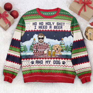 FUNSTUFFPRINT Custom Ho Ho Holy I Need A Beer Bourbon Wine And My Dog Ugly Sweater