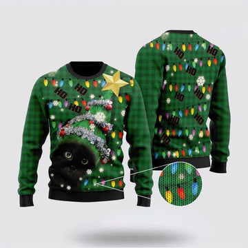 FUNSTUFFPRINT Ho Ho Ho Black Cat Christmas Tree Ugly Christmas Sweater For Men And Women, Best Gift For Christmas, Christmas Fashion Winter Ugly Sweater