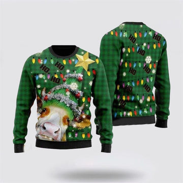 FUNSTUFFPRINT Ho Ho Ho Cow Christmas Tree Ugly Christmas Sweater – Sweater Gifts For Pet Lover Ugly Sweater