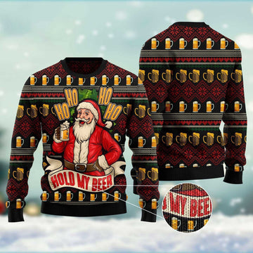 FUNSTUFFPRINT Ho Ho Hold My Beer Ugly Christmas Sweater, Christmas Sweater, Ugly Sweater, Funny Xmas Sweaters Ugly Sweater