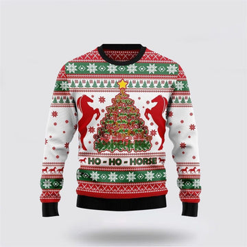 FUNSTUFFPRINT Ho Ho Horse Christmas Tree Ugly Christmas Sweater, Farm Sweater, Christmas Gift, Best Winter Outfit Christmas Ugly Sweater