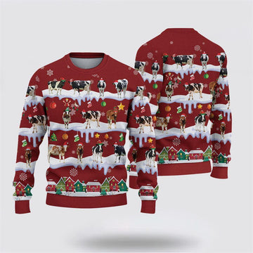 FUNSTUFFPRINT Holstein Christmas Knitted Sweater, Gifts For Farmers, Rural Lovers Ugly Sweater