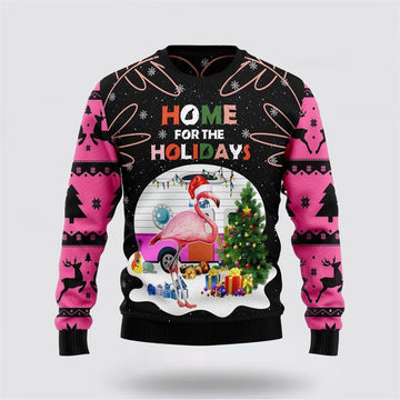 FUNSTUFFPRINT Home For The Holidays Flamingo Ugly Christmas Sweater – Sweater Gifts For Pet Lover Ugly Sweater