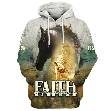 FUNSTUFFPRINT 3D Horse And Jesus Faith Over Fear 3D Hoodie and Zip Hoodie