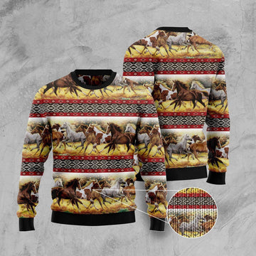 FUNSTUFFPRINT Horse Native American Pattern Ugly Christmas Sweater, Christmas Sweater, Ugly Sweater, Funny Xmas Sweaters Ugly Sweater