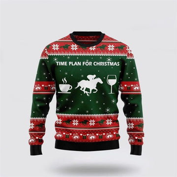 FUNSTUFFPRINT Horse Racing Wine Coffee Time Plan For Ugly Christmas Sweater, Farm Sweater, Christmas Gift, Best Winter Outfit Christmas Ugly Sweater