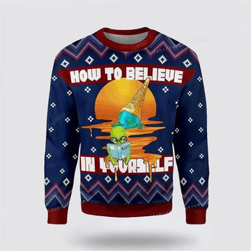 FUNSTUFFPRINT How To Believe In Yourself Alien Christmas Ugly Sweater Mens - Christmas Gifts For Frends Ugly Sweater