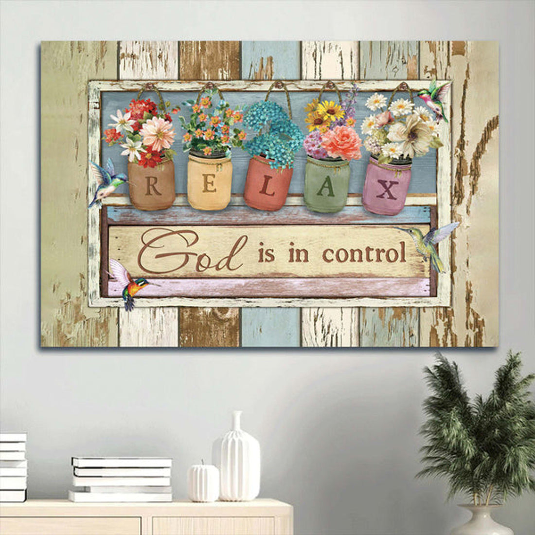Hummingbirds Watercolor Flower Jars God Is In Control Canvas Wall Art - Christian Wall Decor