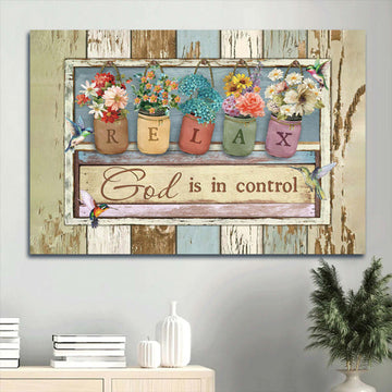 Hummingbirds Watercolor Flower Jars God Is In Control Canvas Wall Art - Christian Wall Decor