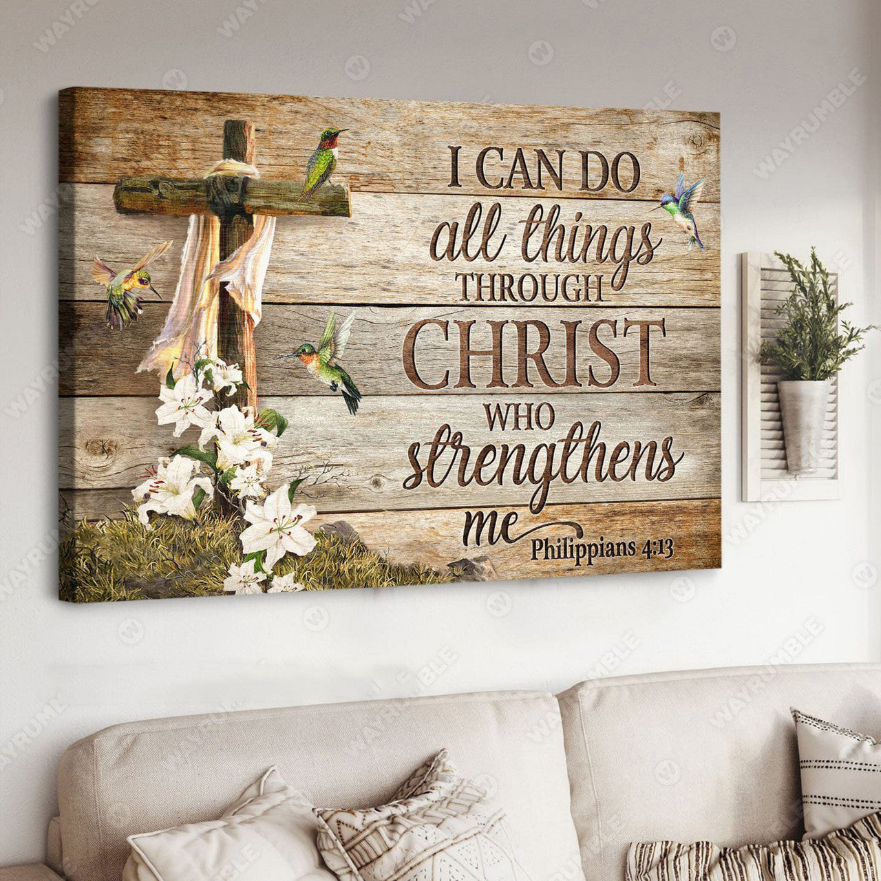 I Can Do All Things Through Christ Who Strengthens Me, God Cross, Hummingbird Flower Poster and Canvas