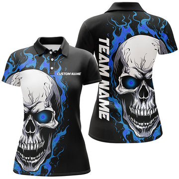 Custom Blue Flame Skull Sport Jerseys, Custom Team Bowling Polo Shirts For Women, Bowler Outfits