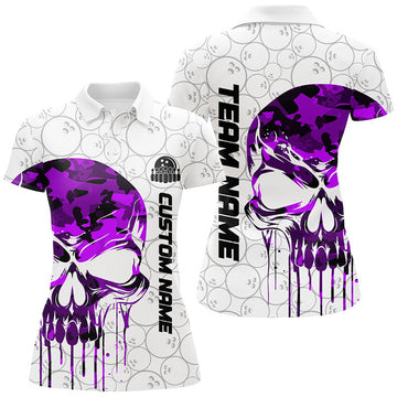 Custom Purple Camo Skull Bowling Polo Shirts Women Team Bowling League Outfit