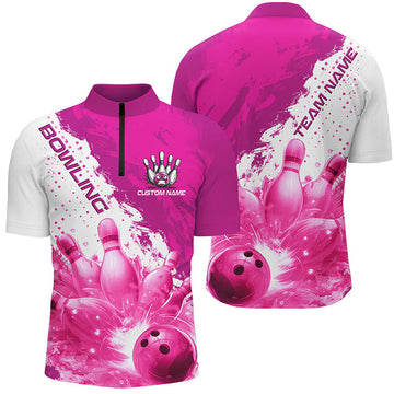 Custom Bowling And Pins Mutilcolor Flame Strike Customized Name, Team Name 3D Zipper Polo Shirt For Men