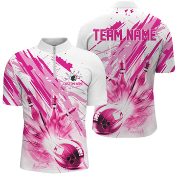 Custom Bowling And Pins Blue or Pink Strike Customized Name, Team Name 3D Zipper Polo Shirt For Men