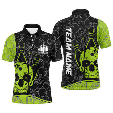 FUNSTUFFPRINT Custom Skull Bowling Shirts For Men And Women, Green Bowling Team Polo Shirt Size S-5XL