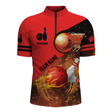 Custom Red Flame Bowling Jersey Shirts For Men, Bowling Team Flaming Bowling Ball, Gift for Bowler