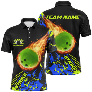 FUNSTUFFPRINT Personalized Men Bowling Polo Shirts Green Flame Bowling Ball Strike Bowling Team Polo Shirt Size S-5XL