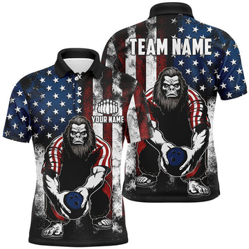 Custom American Flag Bigfoot Bowling Customized Name And Team Name 3D Polo Shirt, Shirt for Bowling Players