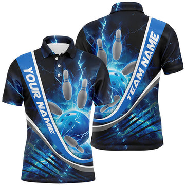 FUNSTUFFPRINT Custom Blue Thunder Lightning Bowling Polo Shirts For Men And Women Bowling Polo Shirt Size S-5XL