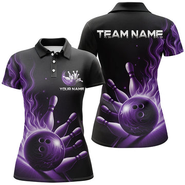 Custom Personalized Purple Flame Bowling Polo Shirts For Women Bowling Team Jerseys Strike Bowling