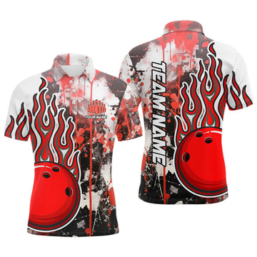 FUNSTUFFPRINT Red Camo Flame Bowling Polo Shirts For Men Custom Bowling Team Polo Shirt Size S-5XL