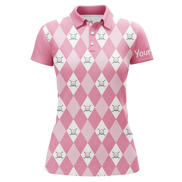 Custom Pink Argyle Plaid Pattern Womens Golf Polos Shirts Custom Golf Shirts For Women, Ladies Golf Polo