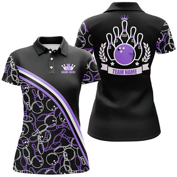 Custom Personalized Bowling Polo Shirts For Women Custom Black Purple Bowling Pattern, Bowling Team Shirts