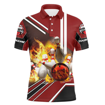 FUNSTUFFPRINT Personalized Men Bowling Polo Shirt Flame Bowling Ball and Pins, bowling polo for men bowlers, Polo Shirt Size S-5XL
