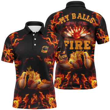 FUNSTUFFPRINT Flame bowling shirt custom name my balls are on fire bowling polo shirts for men Polo Shirt Size S-5XL