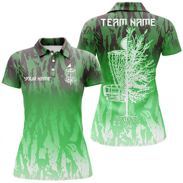 Custom Disc Golf Basket Green Camo Women Polo Shirts Custom Name Disc Golf Team Shirts For Women