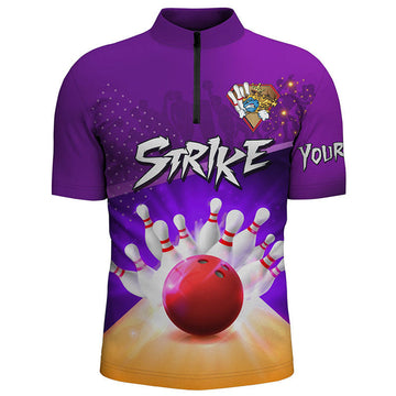 Custom Men's Bowling Quarter-Zip Shirt Custom bowling ball and pins strike purple team Men Bowlers Jerseys