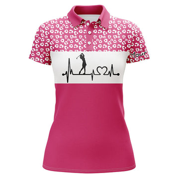 Custom Womens Golf Polo Shirt Golf Heartbeat Custom Name Leopard Pattern Golf Shirt, Womens Golf Gift Ideas