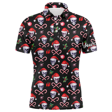 Custom Golf Men Polo Shirt - Funny Black Christmas Skull Pattern Custom Name Apparel - Personalized Gift For Golf Lover, Team