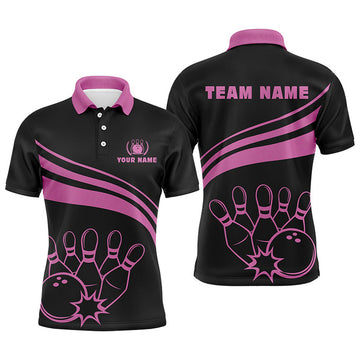 FUNSTUFFPRINT Personalized black bowling polo shirts for men, custom men's bowling shirt team bowling Polo Shirt Size S-5XL
