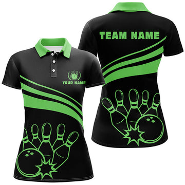 Custom Personalized Polo Bowling Shirts For Women, Custom Black Womens Bowling Shirts Team Bowl Jersey| Green
