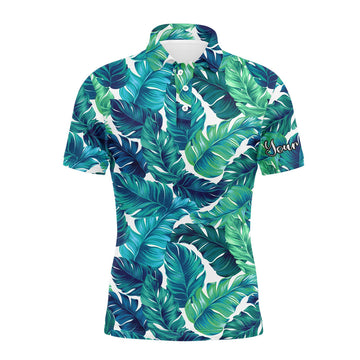 Custom Golf Men Polo Shirt - Custom Name Turquoise And Green Tropical Leaves Apparel - Personalized Gift For Golf Lover, Male, Husband, Team Golf