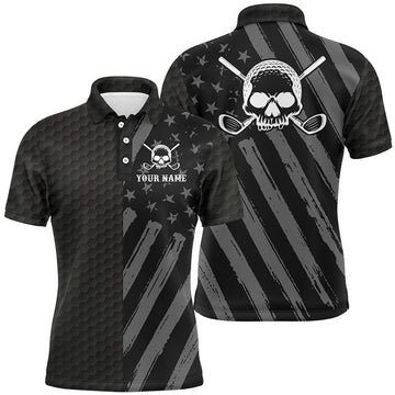 FUNSTUFFPRINT Mens golf polo shirt black American flag custom golf skull clubs men golf shirts, golf gifts for men Polo Shirt Size S-5XL
