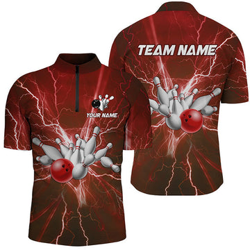 Custom Bowling And Pins Multicolor Lightning Thunder Customized Name, Team Name 3D Zipper Polo Shirt For Men