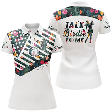 Custom American Flag Patriotic Womens Polo Shirt Custom Tropical Flower Talk Birdie To Me Golf Shirts