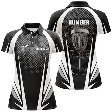 Custom Womens Disc Golf Polo Shirt Custom Name, Number Black White Disc Golf Jersey, Womens Disc Golf Apparel