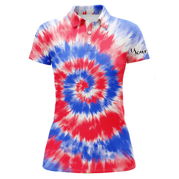 Custom Womens Golf Polo Shirts Red And Blue Tie Dye Background Custom Name Golf Shirt, Golfing Gift