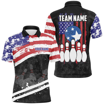 FUNSTUFFPRINT Retro American Flag Bowling Polo, For Men Custom Patriotic Bowling Polo Shirt Size S-5XL