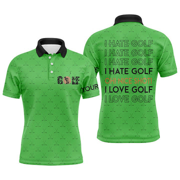Custom Funny Men golf polo shirts I hate golf nice shot I love golf custom green pattern golf polo shirts