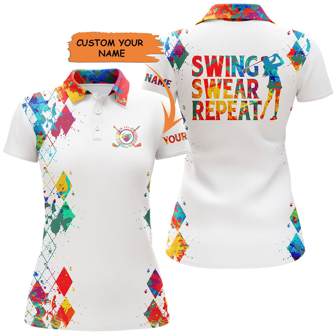 Custom Womens Golf Custom Polo Shirt, Watercolor Swing Swear Repeat Golf Polo Shirt, Golfing Gifts