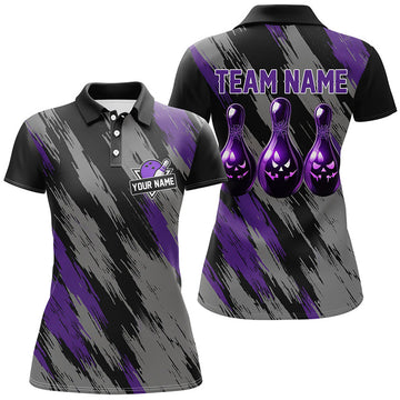 Custom Black And Purple Camo Halloween Women Bowling Polo Custom Bowling Team Jerseys